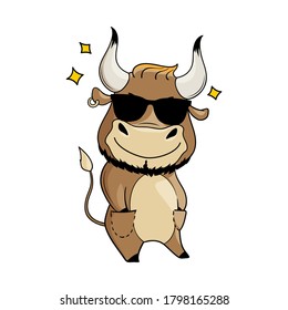 Cool cartoon bull in sunglasses  hands in pockets  Symbol 2021  Vector illustration
