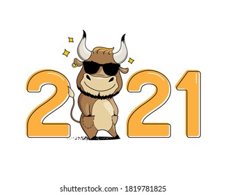Cool cartoon bull in sunglasses, hands in pockets. Symbol of 2021. Year of the ox. Vector illustration