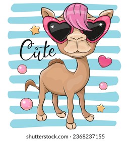 Cool Cartoon Camel with pink sun glasses on striped background