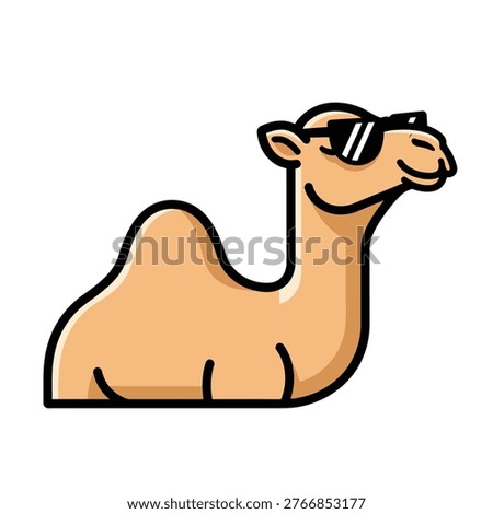 Cool cartoon camel wearing black sunglasses on a white background. Minimalist flat vector illustration of a stylish dromedary mascot with a humorous summer vibe.