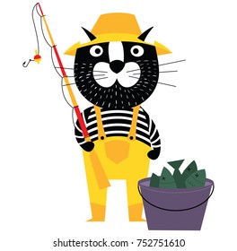 Cool cartoon cat like fisherman with bucket of fishes and fishing pole. Flat style pet character. 