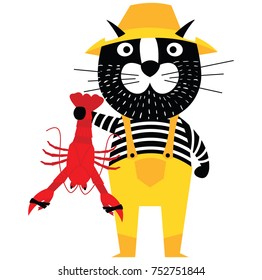 Cool cartoon cat like fisherman holding lobster. Flat style pet character. 