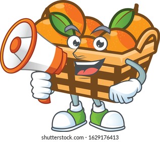 Cool cartoon character of basket oranges holding a megaphone