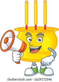 Cool cartoon character of chinese gold incense holding a megaphone