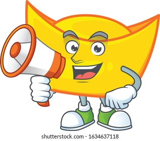 Cool cartoon character of chinese gold ingot holding a megaphone