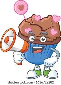 Cool cartoon character of chocolate love cupcake holding a megaphone
