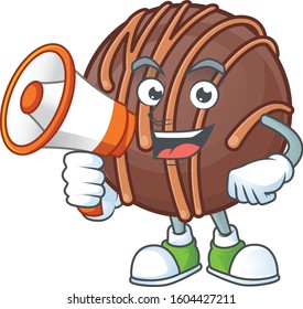Cool cartoon character of chocolate praline ball holding a megaphone