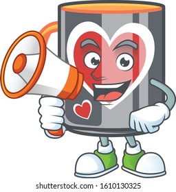 Cool cartoon character of mug love holding a megaphone
