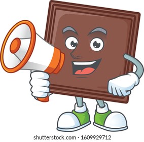 Cool cartoon character of one bite chocolate bar holding a megaphone
