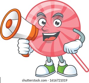 Cool cartoon character of pink round lollipop holding a megaphone