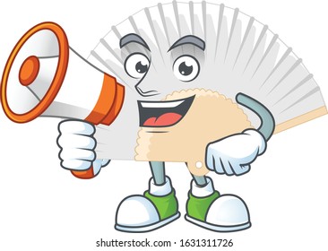 Cool cartoon character of white chinese folding fan holding a megaphone