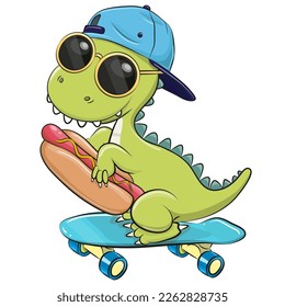 Cool Cartoon Cute Dino with a cap on the skateboard with a hot dog