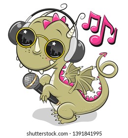 Cool Cartoon Cute Dragon with sun glasses, headphones and microphone