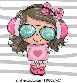 Cool Cartoon Cute Girl With Sun Glasses And Headphones