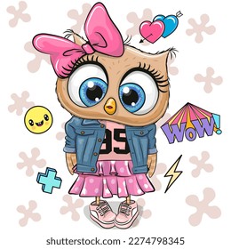 Cool Cartoon Cute Owl with Bow and skirt