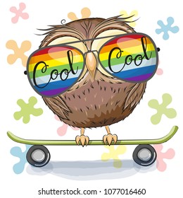 Cool Cartoon Cute Owl with sun glasses on a skateboard