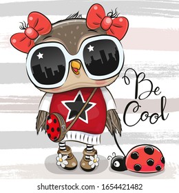 Cool Cartoon Cute Owl with sun glasses and ladybug