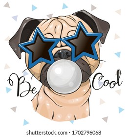 Cool Cartoon Cute pug dog with sun glasses in the shape of stars and bubblegum