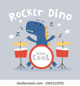 Cool Cartoon Dinosaur Playing Drums Vector Illustration