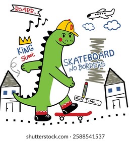 Cool cartoon dinosaur skateboarding with doodle-style text and city elements. Kids urban fun concept
