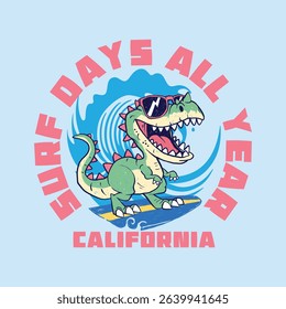 Cool cartoon dinosaur surfing with sunglasses and bold “Surf Days All Year California” text. Fun summer beach vector for kids t-shirts, boy fashion prints, or surf-themed apparel.