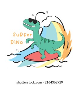 cool cartoon dinosaur surfing vector illustration