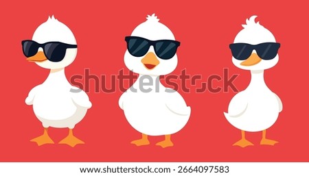 Cool Cartoon Duck Characters with Sunglasses Vector Set