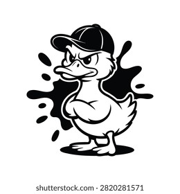 Cool cartoon duck wearing baseball cap standing angry with character