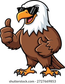 Águia de desenho animado legal usando óculos escuros e dando polegares para cima, ilustração vetorial para a liberdade, mascote, patriotismo, confiança, ou conteúdo temático da vida selvagem.