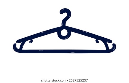 Cool cartoon empty hanger for personal wardrobe and clothes shop. Plastic shoulder strap for coat, tshirt, dress, jamper and other apparel. Hand drawn clipart isolated on white background.