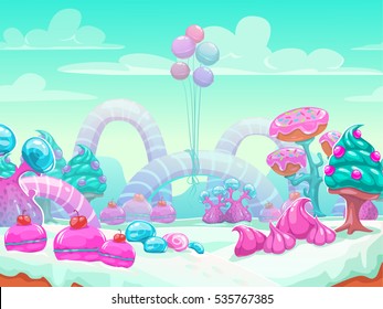 Cool Cartoon Fantasy Sweet World Vector Background. Candyland Landscape Illustration.