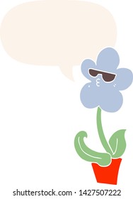 cool cartoon flower with speech bubble in retro style