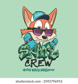 Cool cartoon fox vector character with sunglasses, graffiti-style typography, and skateboard. Perfect for streetwear, skate culture, urban fashion, and trendy graphic tees.