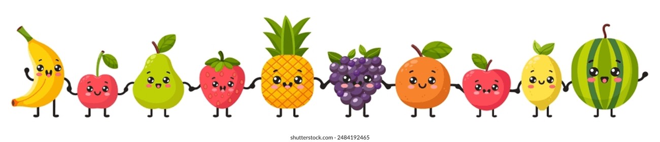 Cool cartoon fruits holding hands isolated on white background. Collection of happy cute fruit friends characters, plants with smiling face, funny berry, graphic elements. Food vector illustration.