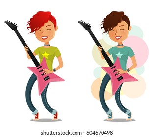 cool cartoon girl playing guitar. Beautiful woman, a singer or musician, cute music concept. Cartoon character. Isolated. Vector eps file.