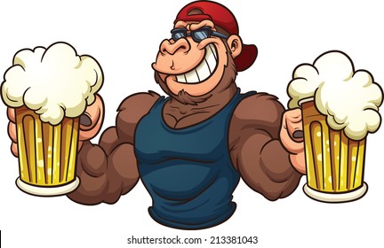 Cool cartoon gorilla holding mugs of beer. Vector clip art illustration with simple gradients. All in a single layer.