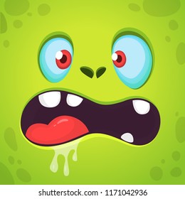 Cool Cartoon Green Monster Face. Vector Halloween illustration of scary zombie monster