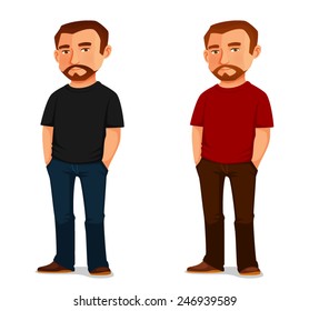 cool cartoon guy with beard in casual clothes. Handsome laid-back young man with hands in pockets, Isolated on white.