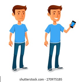 cool cartoon guy with cell phone. Happy young man in casual fashion. Funny cartoon character. Isolated on white.