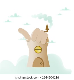 Cool cartoon hand - shaped hause. Vector concept illustration.