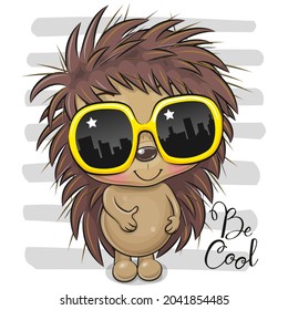 Cool Cartoon Hedgehog with yellow sun glasses on striped background