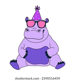 Cool cartoon hippo wearing sunglasses and a birthday hat, celebrating with a fun and playful party vibe