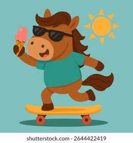 Cool cartoon horse riding a skateboard with melting ice cream in hand, wearing sunglasses on a sunny summer day, fun urban flat-style animal character illustration for kids and teens