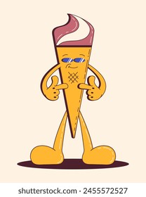 Cool Cartoon Ice Cream Cone Character in Sunglasses. Groovy retro frozen dessert character with face, arms and feets. Summer vector illustration.