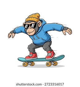 Una ilustración de dibujos animados de un mono con una sudadera con capucha, gorro y gafas de sol montando en monopatín con un efecto de velocidad. La ilustración es perfecta para varios proyectos creativos.