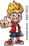 Cool cartoon kid making thumbs-up hand gesture. Vector illustration with simple gradients. One single layer.