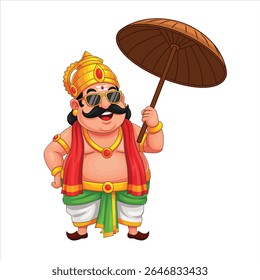 Cool Cartoon of King Mahabali with Sunglasses and Umbrella – Fun Onam Festival Character from Kerala
