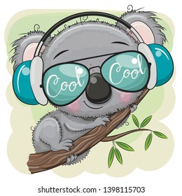 Cool Cartoon Koala in glasses and headphones is sitting on a tree