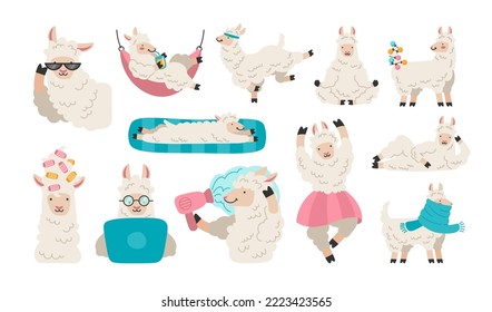 Cool cartoon llama character having fun, chilling and wearing trendy sunglasses. White furry alpaca animal for kids design, print or stickers. Funny peru element. Vector illustration