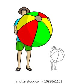 Cool Cartoon man in sunglasses and hat holding big beach ball vector illustration sketch doodle hand drawn with black lines isolated on white background